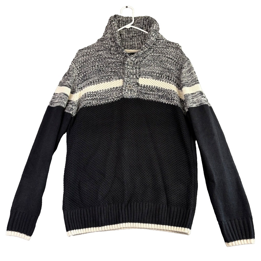 The‎ Slope Men's S Black White Gray Shawl Collar Button Up Knit Sweater Preppy